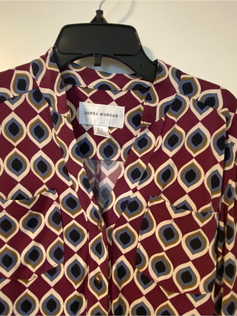 Donna Morgan Burgundy Geometric Print Shirtdress with Navy and Olive Accents